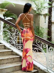 Opulessa Vacation Knit Mesh Printed Open Back Dress For Women, Spring/Summer - Multicolor - View 3