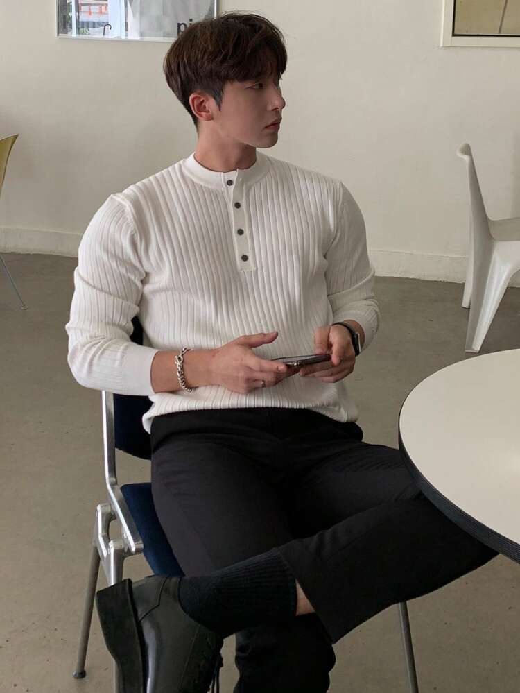 Pull d'automne tricoté côtelé à demi-bouton pour homme