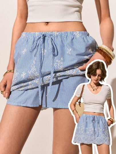 Poéselle 女士抽绳腰带花卉刺绣图案休闲百搭日常穿着短裙