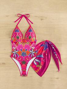 Swim Vcay Set de 2 piezas 2025 Nuevo exclusivo traje de baño de una pieza con cuello en V profundo, adorno floral, espalda descubierta y pañuelo/falda envolvente estampado exclusivo, estilo de vacaciones de verano para mujer - Multicolor - Ver 2