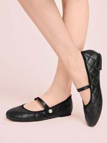 CUCCOO DOLLMOD 黑色平底通勤学院风女鞋，简约菱形图案，女士套脚百搭芭蕾舞鞋，玛丽珍鞋 - 黑色 - 查看 3