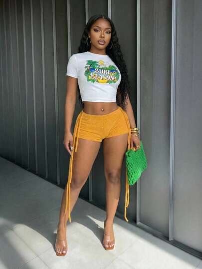 Slaydiva 2026 Spring/Summer New Casual Street Wear Slim Fit White Printed Short-Sleeve T-Shirt + Fleece-Fringed Shorts Women Two Pieces Set. Suitable For Everyday Wear, Street ,Party, Back To School, Dates, Boho,Afternoon Tea, Vacations, Valentine's Day, Brunch, Airport Outfits, Casual, Sporty,Wedding Guest Attire-B