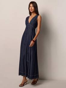 COSMINA 女士深V领无袖休闲牛仔连衣裙 - 深色水洗藍 - 查看 5