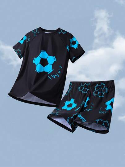 SHEIN Tween Boy Casual Glow-In-The-Dark Basketball Pattern Tankini 2 Pieces Swimsuit, Suitable For Spring/Summer, Beach, Vacation, Date