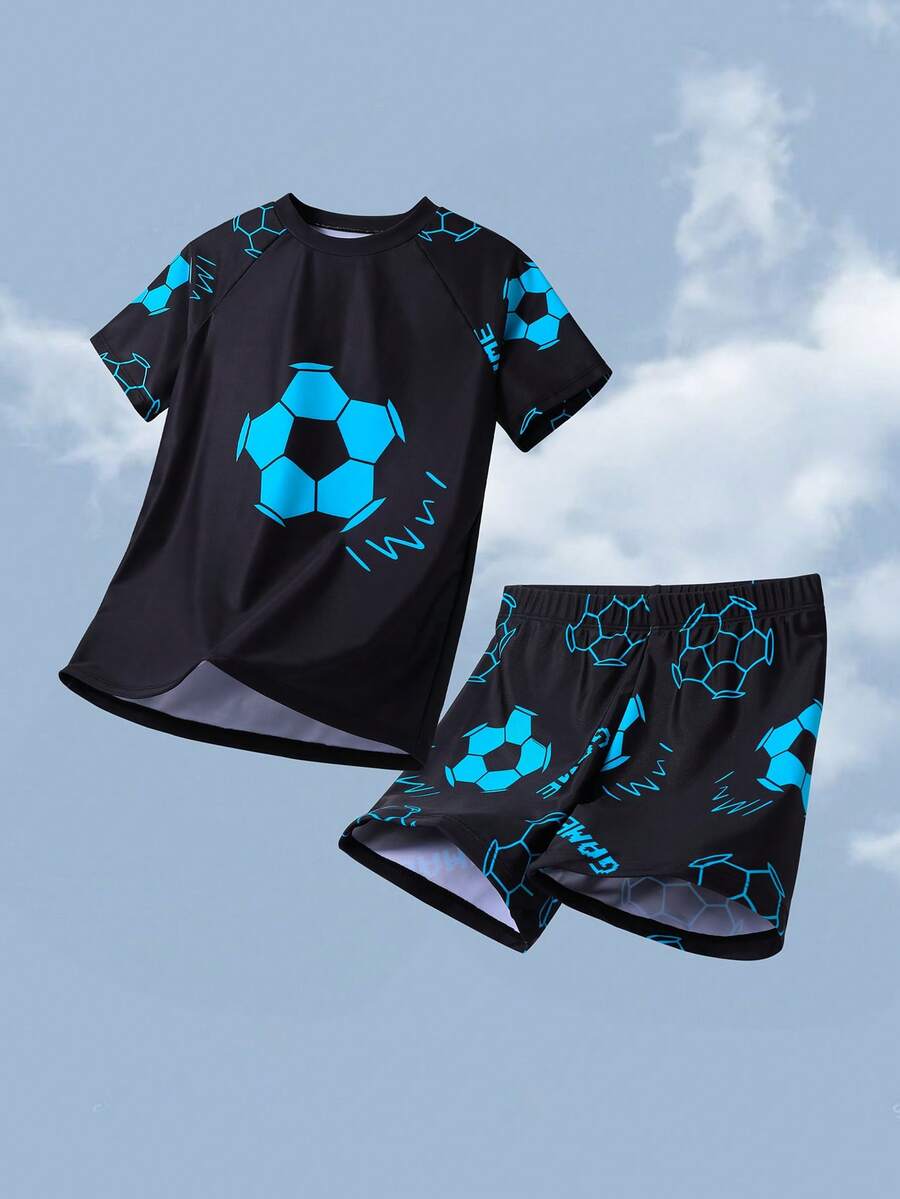 SHEIN Tween Boy Casual Glow-In-The-Dark Basketball Pattern Tankini 2 Pieces Swimsuit, Suitable For Spring/Summer, Beach, Vacation, Date