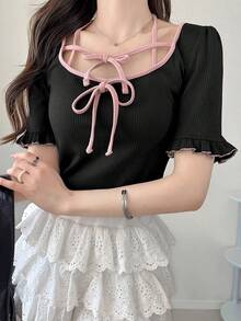 FRIFUL Women's Colorblock Tie-Front Bowknot Fitted T-Shirt, Versatile For Spring And Summer - Black - View 6
