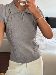 DAZY Women's Turndown Collar Half-Zip Textured Short Sleeve Knit Top - Grey - View 6