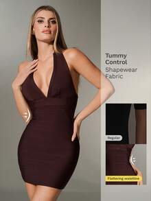 Nuvra Women's Burgundy Summer Bandage Bodycon Cocktail Dress, V-Neck Plunge Shapewear Dress,Tummy Control Night Club Party Dress,Elegant Boho Vacation - Brown - View 1