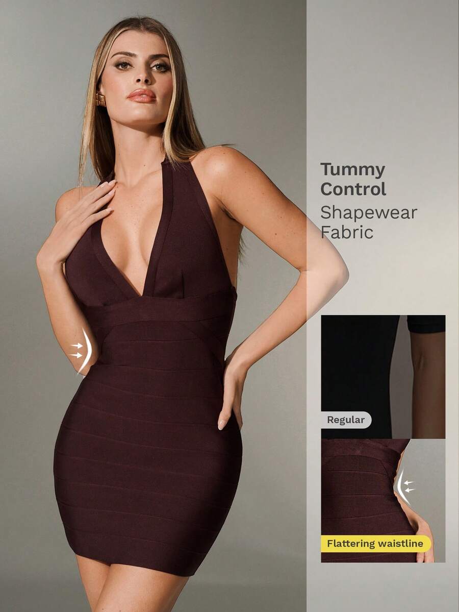 Nuvra Women's Burgundy Summer Bandage Bodycon Cocktail Dress, V-Neck Plunge Shapewear Dress,Tummy Control Night Club Party Dress,Elegant Boho Vacation - Brown - View 1