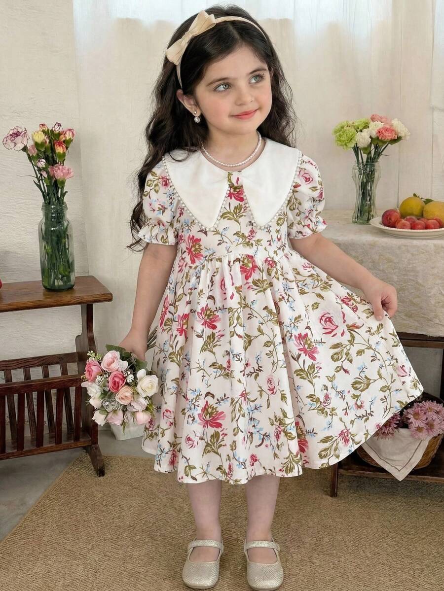 Emery Rose Kids 女童碎花泡泡袖休闲连衣裙，配彼得潘领 - 彩色 - 查看 1