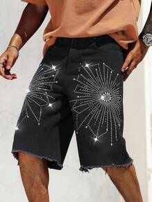 Manfinity EMRG Stylish Men's Rhinestone Black Denim Bermuda Shorts Avant-Garde Street Casual With Graphic Pattern - Black - View 3