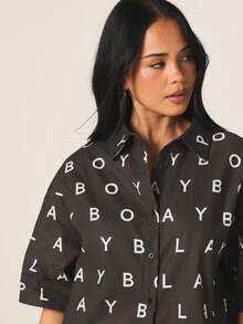 Missguided x Playboy Women's Oversized Letter Print Shirt And Shorts Two Piece Coordinating Set Summer Casual Matching Outfits - Black and White - View 5