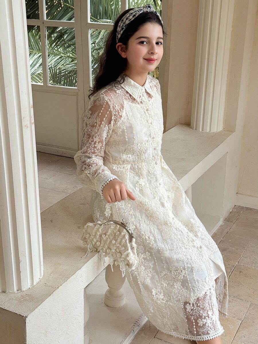 Dazy Kids 少女蕾丝拼接纯色前扣优雅长袖连衣裙度假装 - 杏色 - 查看 1
