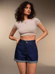 EURMUSE 高腰卷边牛仔短裤 - 深色水洗藍 - 查看 3