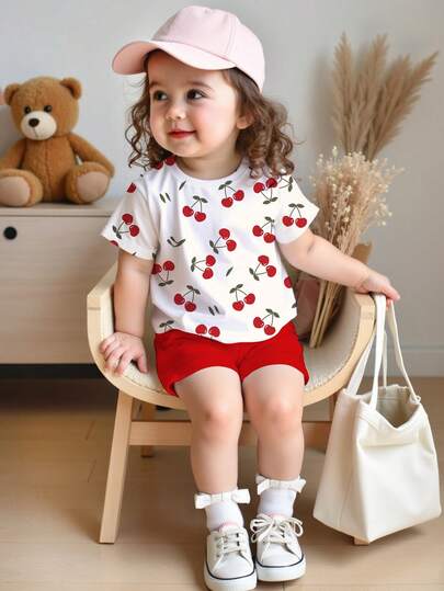 SHEIN Set de 2 piezas de camiseta de manga corta con cuello redondo y estampado de cerezas coloridas, y leggings para niñas bebés, ideal para uso diario, vacaciones, salidas, estilo Y2K, lindo