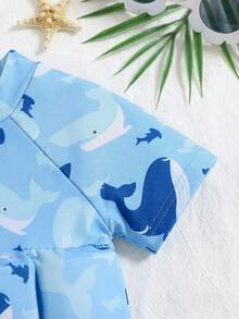 SHEIN 男宝宝夏季休闲度假可爱鲨鱼海豚图案浮力泳衣，适合海滩、沙滩、温泉度假村 - 彩色 - 查看 4