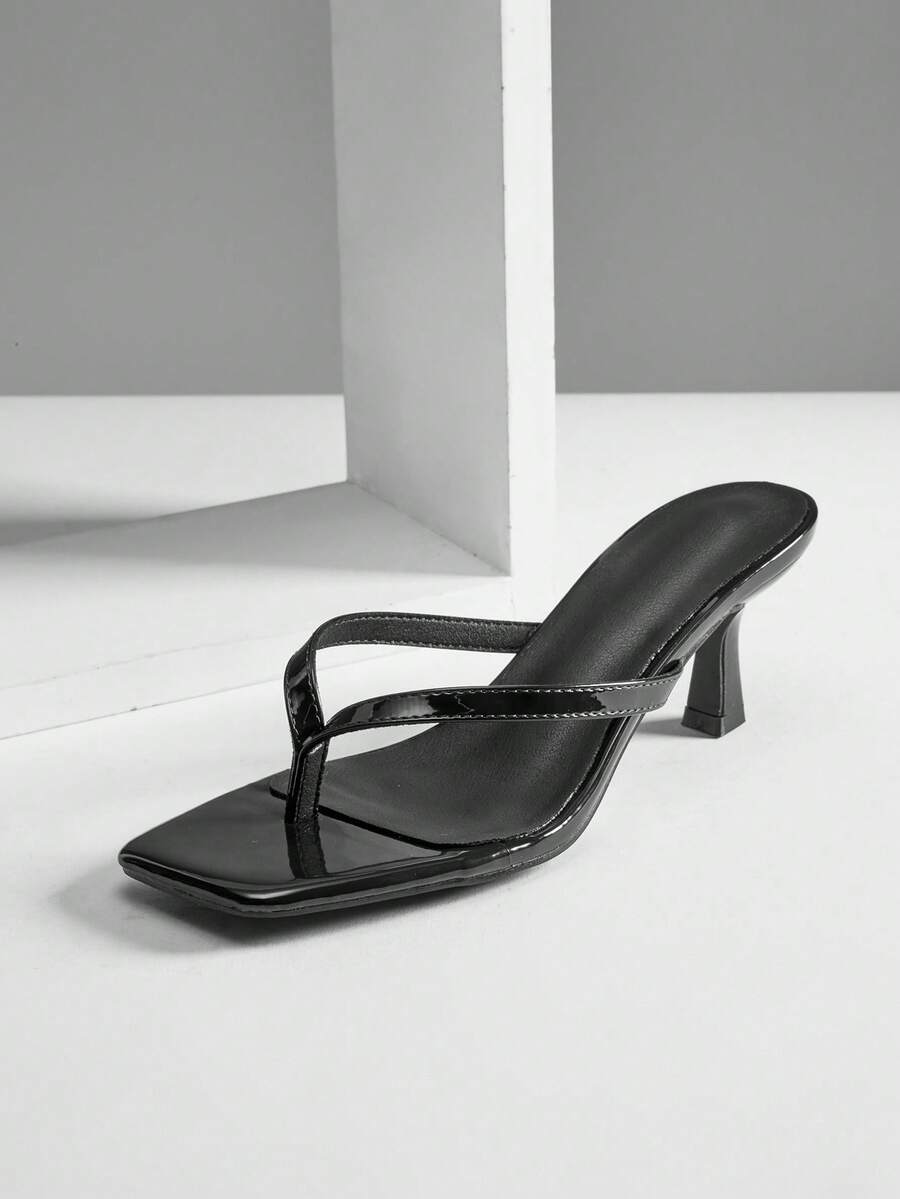 SHUZIA 女士方头细跟系带人字形亮面漆皮黑色凉鞋 - 时尚、舒适的春季鞋 - 黑色 - 查看 1