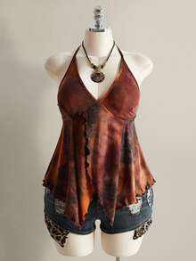 SHEIN ICON 女士加大码复古性感简约休闲波西米亚风扎染V领吊带背心 - 彩色 - 查看 3