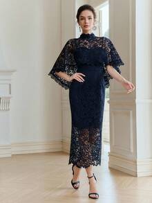 Đầm dự tiệc mùa hè thanh lịch Anewsta với chất liệu ren tan trong nước, kiểu dáng đuôi cá, khăn choàng poncho, thích hợp cho phụ nữ. - Màu xanh hải quân - Xem 5