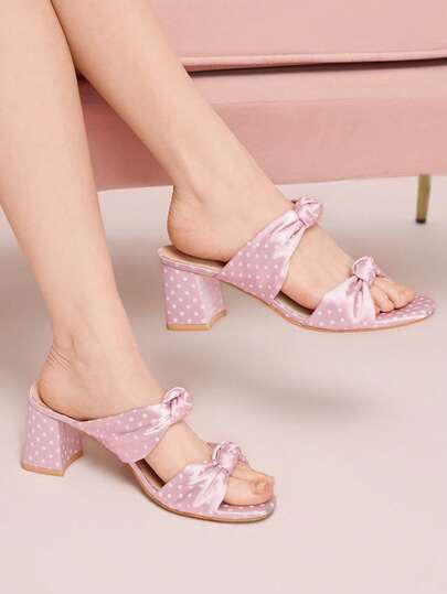 CUCCOO DOLLMOD 女士圆头浅粉色缎面甜美波点装饰可爱风格下午茶复古粗跟高跟凉鞋