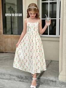 SHEIN Đầm dài ngang gối thanh lịch in họa tiết hoa tulip, không tay, thắt eo, dành cho bé gái tuổi teen mùa xuân/hè, kiểu Pháp trang nhã, đầm dự tiệc trà. - Nhiều màu - Xem 3