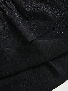 Sweetra Petite Women's Solid Color Shiny Pleated Double Ruffle Hem Fashionable Strapless Dress - Black - View 5