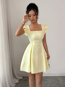 Elenzga Đầm công sở mini thanh lịch, ngọt ngào, màu kem vàng, mùa hè, cổ vuông, tay ngắn, dáng chữ A, chất liệu cao cấp, họa tiết hoa, chất liệu dệt hoa, thích hợp cho ngày Quốc khánh Mỹ Y2K. - Vàng nhạt - Xem 8