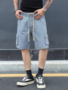 Manfinity Hypemode 男士抽绳腰带工装口袋休闲牛仔短裤 - 淺色水洗藍 - 查看 4
