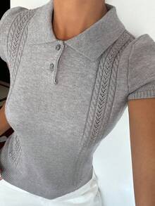 DAZY Women's Turndown Collar Half-Zip Textured Short Sleeve Knit Top - Grey - View 3