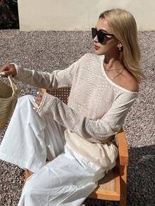 DAZY Women's Oblique Collar Semi-Sheer Loose Knit Sweater - Apricot - View 1