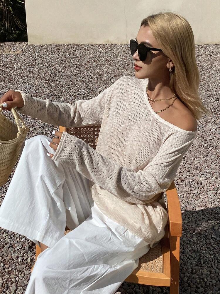 Women's Oblique Collar Semi-Sheer Loose Knit Sweater Summer