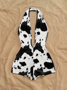 Soleia 女士性感豹纹深V领露背连体衣，时尚紧身衣，适合派对、圣诞节、约会之夜、夜店、海滩、邮轮、下午茶、波西米亚风、度假等场合。 - 黑與白 - 查看 4