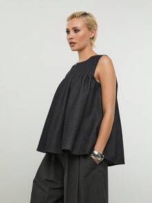 COUREZ Women's Charcoal Gray Sleeveless Denim Smock Layering Top,Chic Everyday Summer Cute Black Structured Pleated Tops Y2K Spring Break Outfits - Black - View 4