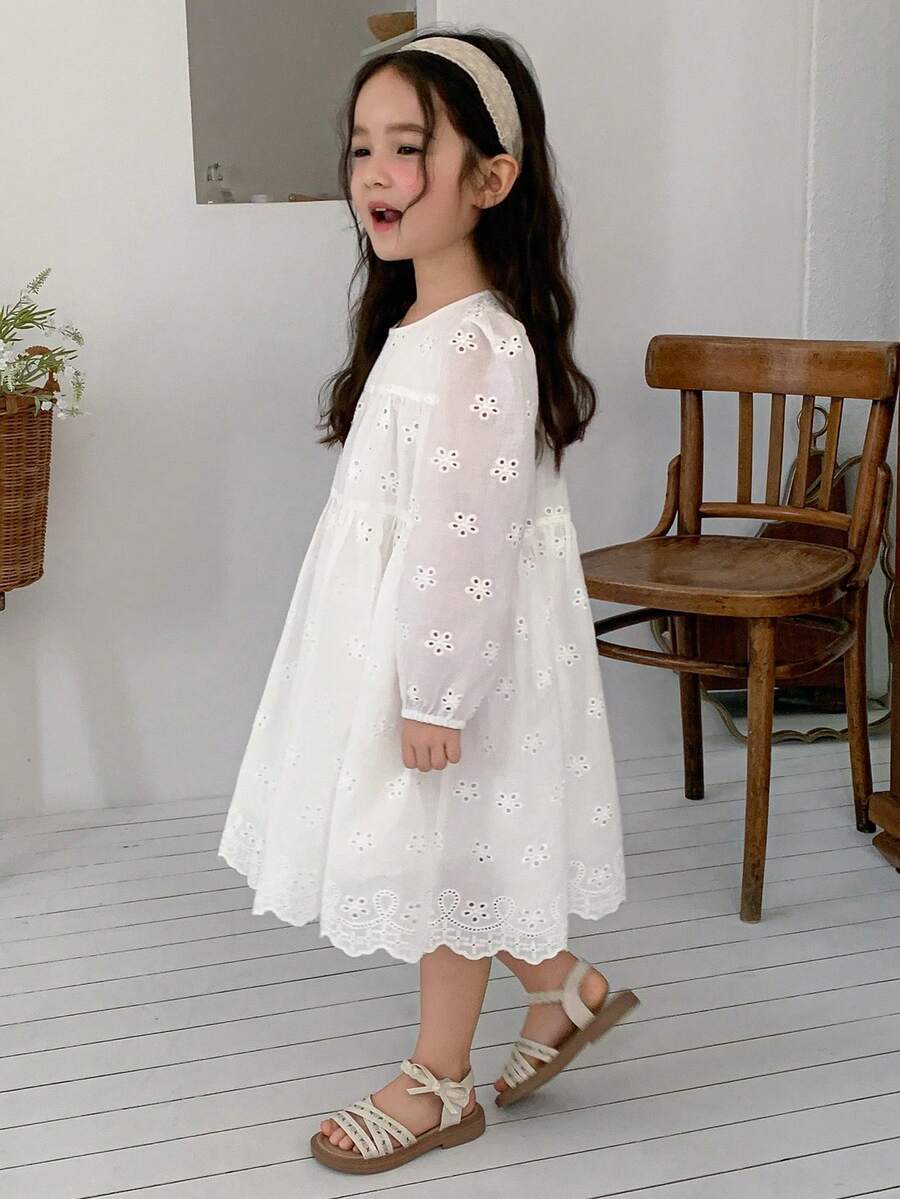 Dazy Kids Đầm suông tay cánh hoa màu trơn kiểu dáng thường ngày cho bé gái, thích hợp cho kỳ nghỉ hè/thu/xuân. - trắng - Xem 1