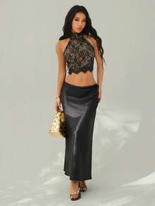 SHEIN PETITE 女士蕾丝吊带露背性感黑色吊带衫 - 黑色 - 查看 12