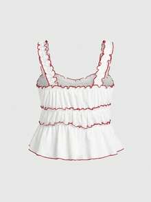 Sweetness Plus Size Sweet Contrast Color Ruched Waist Bubble Fabric Camisole For Women, Spring/Summer - Red and White - View 4