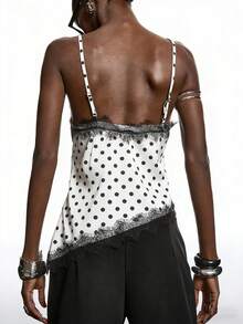 LYSMO 2026新款极简夏季女式黑白波点蕾丝撞色缎面亮面吊带背心，优雅蕾丝拼接吊带衫，适合春夏穿着，优雅上衣，适合派对、夏季、音乐节等场合，优雅吊带衫，吊带衫 - 彩色 - 查看 2