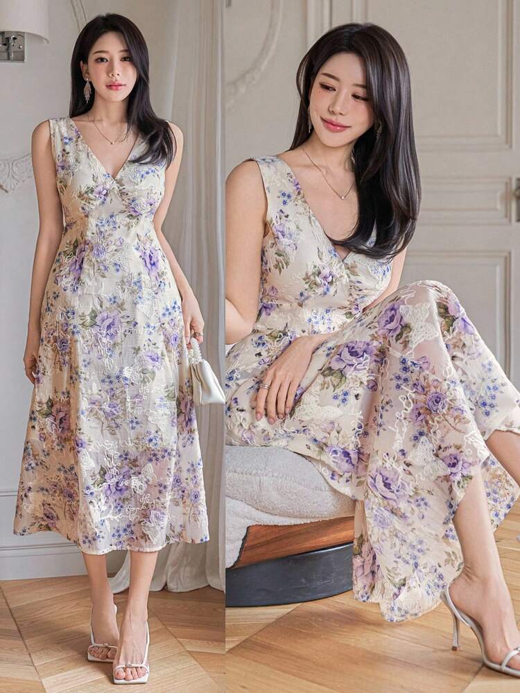 Women's Elegant Floral Print V-Neck Sleeveless Dress, Summer Wedding Guest Dress Sundress