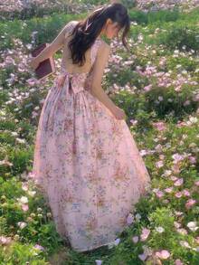 SHEIN MOD 浪漫花卉露背蝴蝶结吊带高开衩连衣裙 - 彩色 - 查看 3