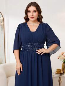 Reflora Đầm nữ cỡ lớn màu trơn đính đá, thiết kế eo, tay xòe, kiểu dáng thanh lịch. - Màu xanh hải quân - Xem 9