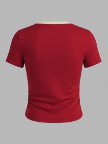 Resyla Women's Casual Basic Sexy Colorblock Round Neck Short Sleeve Top, Summer Golf White - Red - View 2
