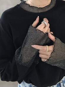 FRIFUL Áo thun dáng rộng, thoải mái, đa năng, phối màu trơn, chấm bi, chất liệu lưới xuyên thấu. - màu đen - Xem 7