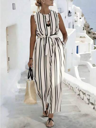 Linhara CURVE Plus Size Striped Sleeveless Loose Jumpsuit, Fashion Summer
