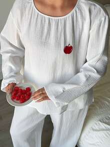 Dazy Plus 2pcs/Set Loose Long Sleeve Top And Long Pants Pajama Set, White, Spring/Summer - White - View 8
