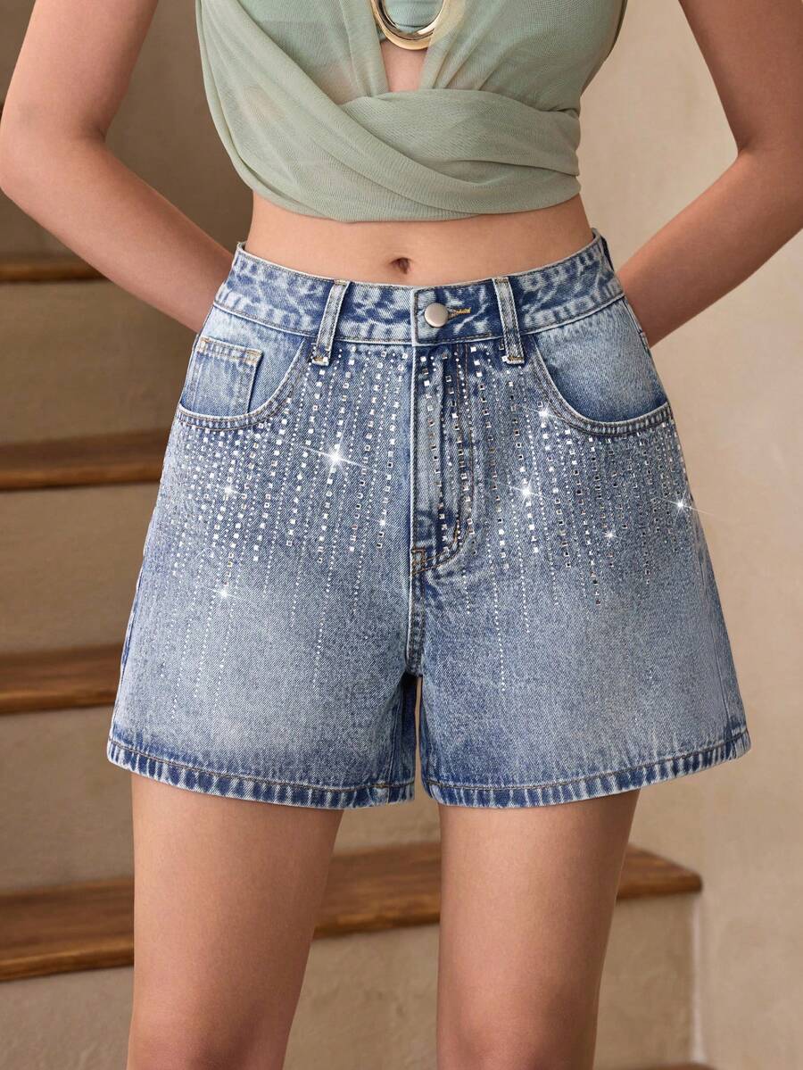 Selenza Women's Casual Washed Rhinestone Denim Shorts, Summer - Blue - View 1