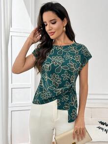 Miaspire Women's Floral Pattern Round Neck Asymmetric Hem Casual Top - Multicolor - View 3