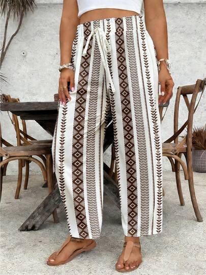 SHEIN VCAY Plus Size Women Vacation Geometric Print Drawstring Waist Pants