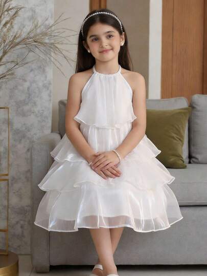 SHEIN Young Girls/Babygirl Cute White Elegant Organza Summer Dress