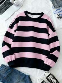 Resyla Áo sweatshirt cổ tròn in sọc cổ điển dành cho nữ, thiết kế thanh lịch, phù hợp cho mặc hàng ngày, đi du lịch ngoài trời, thoải mái khi mua sắm. - Màu Hồng baby - Xem 4