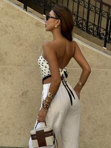 Siren Gaze 女士优雅休闲黑白波点撞色滚边无肩带抹胸上衣，三角下摆修身露脐上衣，夏季海滩度假派对夜生活穿搭 - 黑與白 - 查看 5